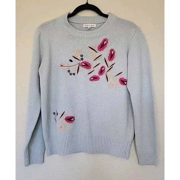 Womens Crewneck Sweater Medium Blue Embroidered Floral Cottage Core Granny Boho - Picture 2 of 10